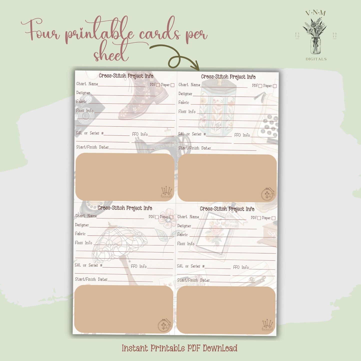 Printable Cross Stitch Project Info Cards~Antique Theme~Instant Download PDF