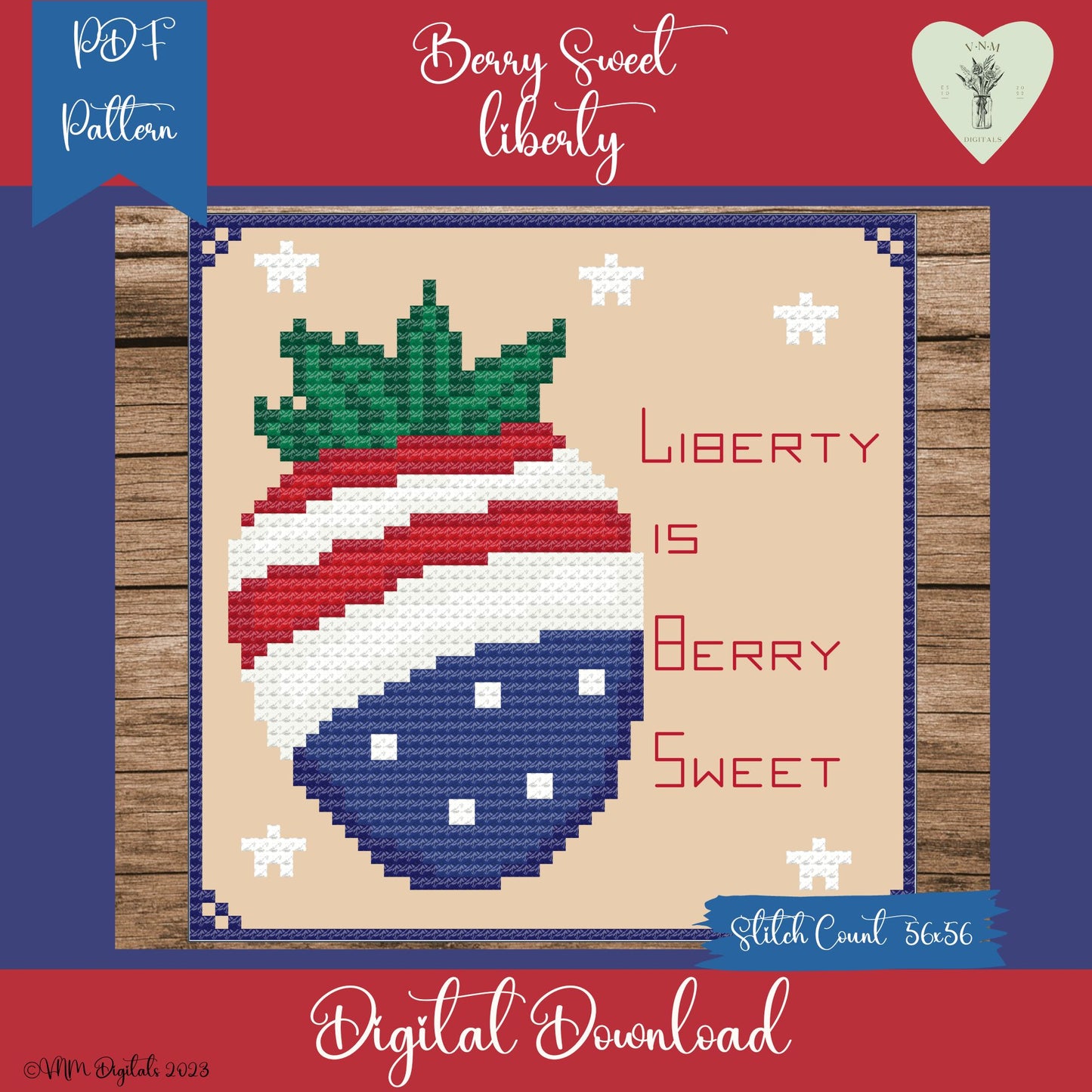 Berry Sweet Liberty Trio~Patriotic Counted Cross Stitch PDF Pattern~INSTANT DOWNLOAD